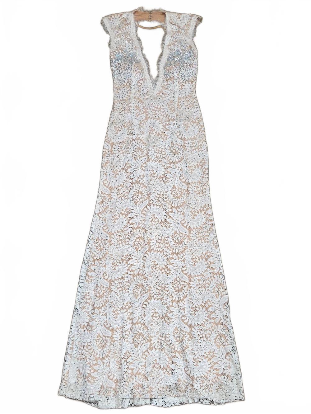 Jovani | White Lace Deep V Maxi Gown | 6